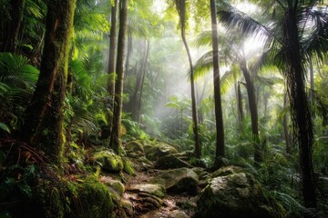 Fototapeta premium Mystical Green Jungle Landscape Nature's Embrace Peaceful Scenery Outdoor Adventure Wanderlust Exploration