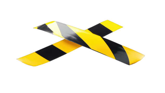 Glossy, black and yellow striped X, resembling caution tape, crossed diagonally, 3D rendered