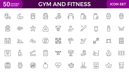 Gym and fitness icon set. Containing healthy lifestyle, weight training, body care and workout or exercise equipment icons. Outline icon collection.