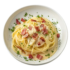 Side view of a plate of creamy Carbonara pasta with bacon and cheese, presented in ultra-realistic detail and isolated on a white transparent background.