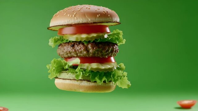 Big hamburger on green background falling apart