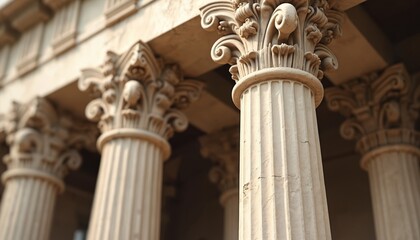 Naklejka premium Close-up of classical architecture with large stone pillars. Corinthian columns of government bank building. Architecture, design, historical landmark. Exterior, outdoors, day.