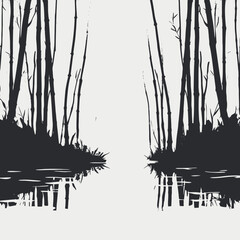 Bamboo forest reflection water nature landscape scenery tranquil zen peaceful calm black white asian style art silhouette