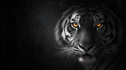 A close up of a black tiger face on a dark black background, animalistic wallpaper background design template with copy space. . 