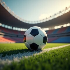 uma bola de futebol em um campo de estádio com grama verde vibrante, sob uma iluminação dramática de pôr do sol.