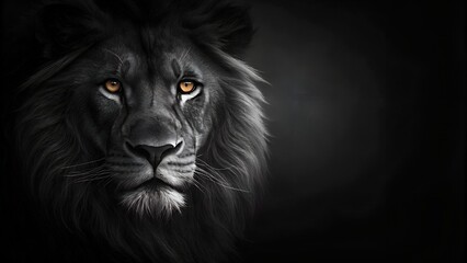 A close-up of a black wild lion face on a dark black background, animalistic wallpaper background design template with copy space.