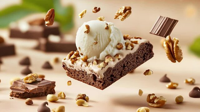 Brownie with ice cream floating with nuts