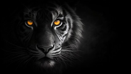 A close up of a black tiger face on a dark black background, animalistic wallpaper background design template with copy space. . 