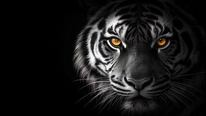 A close up of a black tiger face on a dark black background, animalistic wallpaper background design template with copy space. . 