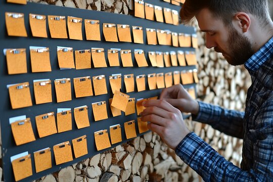 Man with beard arranging yellow notes on dark board, wood background, planning, organization.