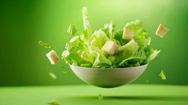 Caesar salad being tossed in the air
