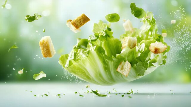 Caesar salad ingredients in the air
