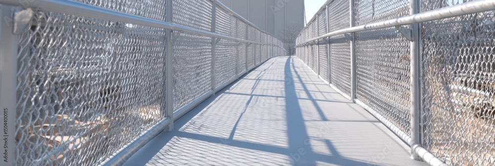 Poster detailed view of safety netting and guardrails along a walkway bathed in soft upper light