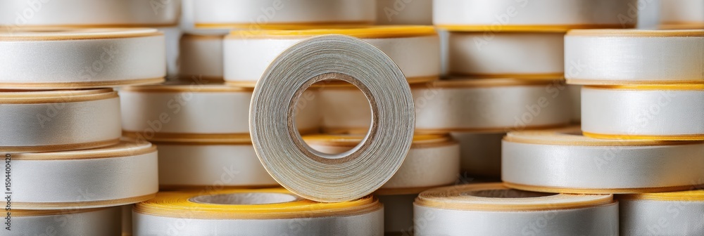 Aufkleber sealing tape rolls stacked vertically showcasing high-quality materials in a clean and organized bac