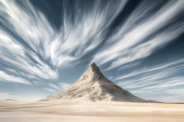 A lone, sharp desert peak standing against a sky filled with streaks of wispy clouds
