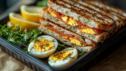 A vibrant sandwich with eggs, salmon, and lemons