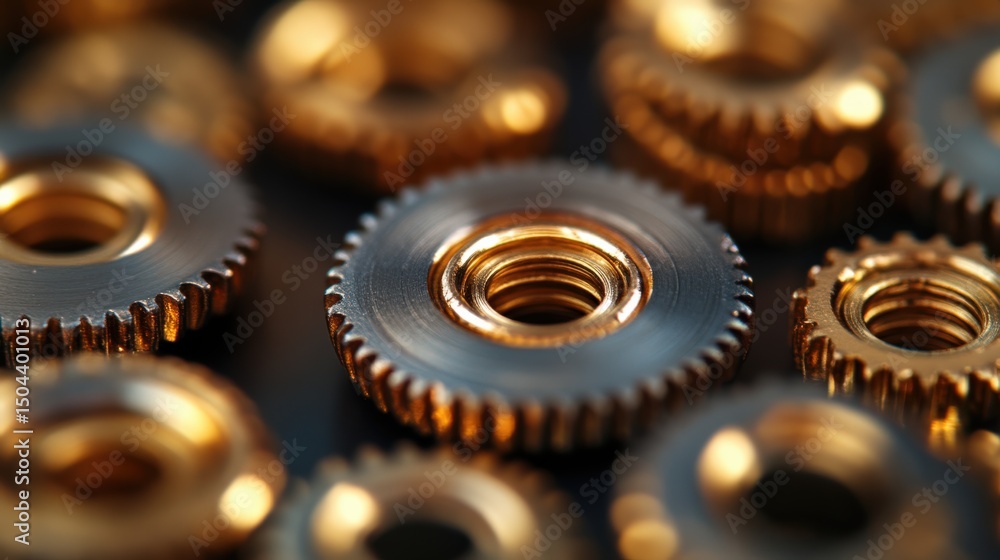 Poster close up of golden cogs and gears with intricate details and textures