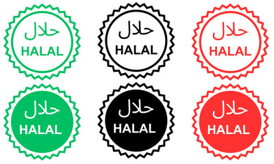 Set of Halal food sign icons in round different colors badges.