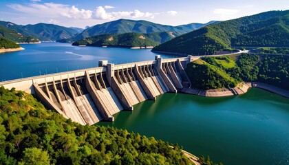 Majestic aerial perspective of hydroelectric dam nestled within forested mountains