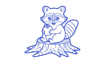 A cute cartoon raccoon sitting on a tree stump, holding an apple with both paws, easily scalable and editable.