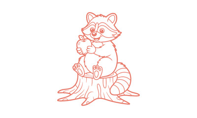 A cute cartoon raccoon sitting on a tree stump, holding an apple with both paws, easily scalable and editable.