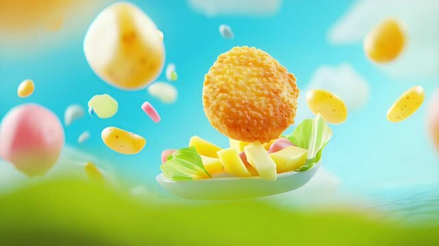 Chicken nugget falling onto a plate of salad