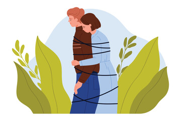 Love codependency in couple, problem of personality separation and addiction, psychology. Hug of man and woman tied together with rope, emotional dependence behavior cartoon vector illustration