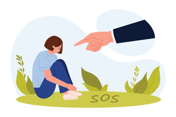 Depicts a person feeling overwhelmed by social pressure and bullying, symbolized by a pointing hand and SOS on the ground, isolated vector illustration