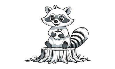 A cute cartoon raccoon sitting on a tree stump, holding an apple with both paws, easily scalable and editable.