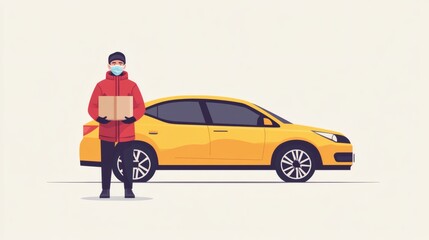 Fototapeta premium Masked delivery person holding a package next to a yellow car.