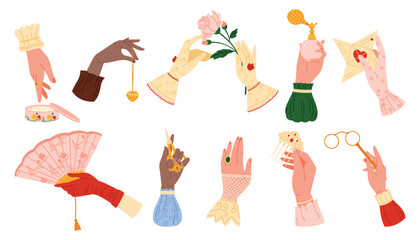 Victorians era fashion, hand of lady holding accessory or jewelry of 19th century, flower. Hand in elegant glove with gold medallion and romantic letter, rose and perfume cartoon vector illustration