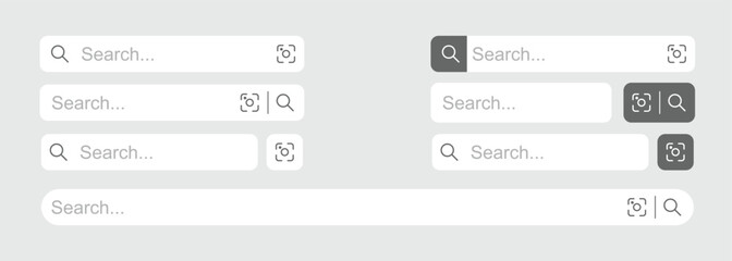 Modern Search Bar UI Kit Collection &mdash; Minimalistic Search Input Fields with Scan Icon and Magnifying Glass for Website and Mobile App Design, Light and Dark Mode Variations, Vector Illustration