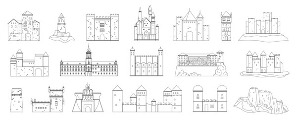 A rich line set of historical castles and fortified buildings from various regions, including towers, strongholds, and stone structures. Highlights defense architecture outline vector illustration.