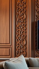 living room with wood paneling and a couch