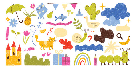 Kids drawings set with colorful pencil and chalk, pastel crayon. Cute color pictures of childhood imagination, castle and garden flowers, kite and cactus, bird and cat, rainbow vector illustration