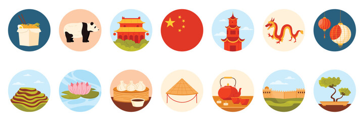 Travel to China set of round stickers with Chinese culture elements, landmarks and food. Traditional tea ceremony and Great Wall, ancient temple and red lantern, dragon cartoon vector illustration