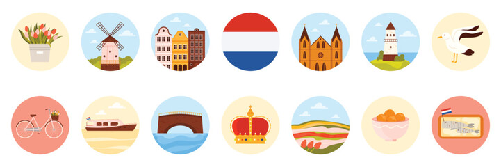 Obraz premium Travel to Netherlands set of round stickers with Dutch culture elements, landmarks and food. Flag and Dutch canal houses, tulip bouquet and field, lighthouse, wind mill cartoon vector illustration
