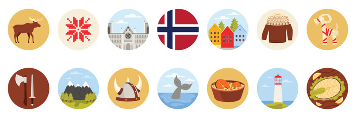 Travel to Norway set of round stickers with Norwegian culture elements, landmarks and food. Houses of Bergen and lighthouse in fjord, helmet, axe and sword of viking cartoon vector illustration