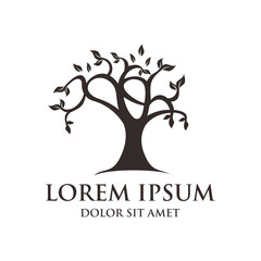 Elegant Silhouette Ornamental Tree with Leaves and Branches Logo Design