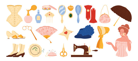 Victorian women fashion style of 19th century set. Victorian lady portrait, accessory and costume, French perfume and embroidery, bag and lace, antique sewing machine cartoon vector illustration