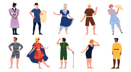 Victorian characters in retro swimsuit of 19th century fashion style on summer beach. Victorian aristocrats wear swimming costumes set, portraits of gentleman and lady cartoon vector illustration
