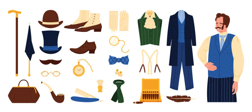 Victorian gentlemen fashion style of 19th century set. Victorian gentleman with mustache, top hat and monocle, elegant suit of rich dandy and cigar box, briefcase and bow cartoon vector illustration