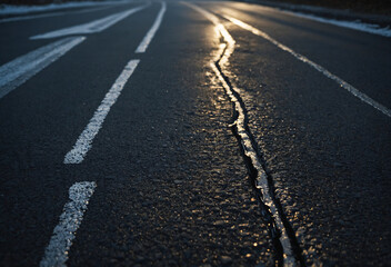 Black Ice Layer on Asphalt Road with Visible Tire Tracks