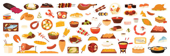 Different food of world set. Diversity ethnic cuisines collection with traditional dish of country to taste, BBQ sausages and salmon, lasagna and roast turkey, steak cartoon vector illustration