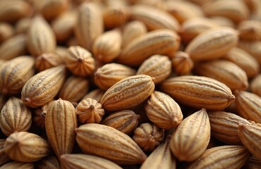 Fototapeta premium Close-up shot of bottle gourd seeds. Seed stock on shop shelf. Raw seeds texture, organic food ingredient, vegetarian nutrition. Seeds for healthy nutrition, asian cuisine.