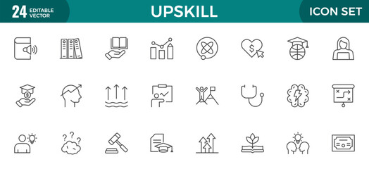 Set of Outline icons related to upskill, upskilling, personal growth, development, education, career. Outline icon collection.
