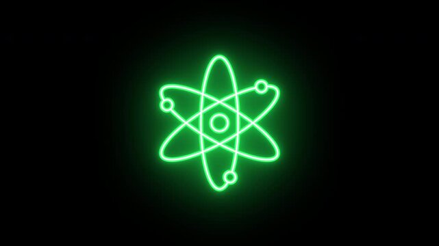 Neon atom icon, flickering emergence and fading. Glowing neon atom model icon, looped animation. Atomic core structure, nuclear energy, science research, education. Yellow green orange colors