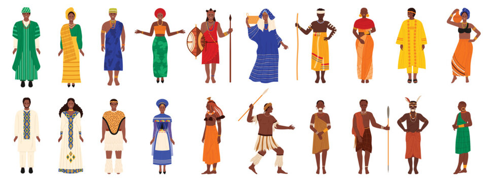 African people in traditional tribal costumes infographic set. Ethnic aborigine and indigenous man and woman of Africa, characters in clothes and headwear, jewelry of tribe cartoon vector illustration