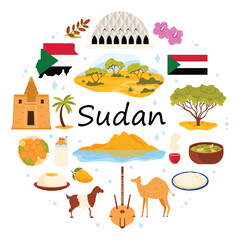 Sudan culture elements and food, nature and architecture, travel landmarks in round infographic poster with title. Mosque of two Niles, acacia and hibiscus, kisra, falafel cartoon vector illustration