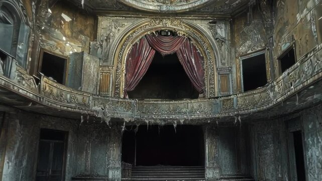 Ruined theatre interior, charred grandeur